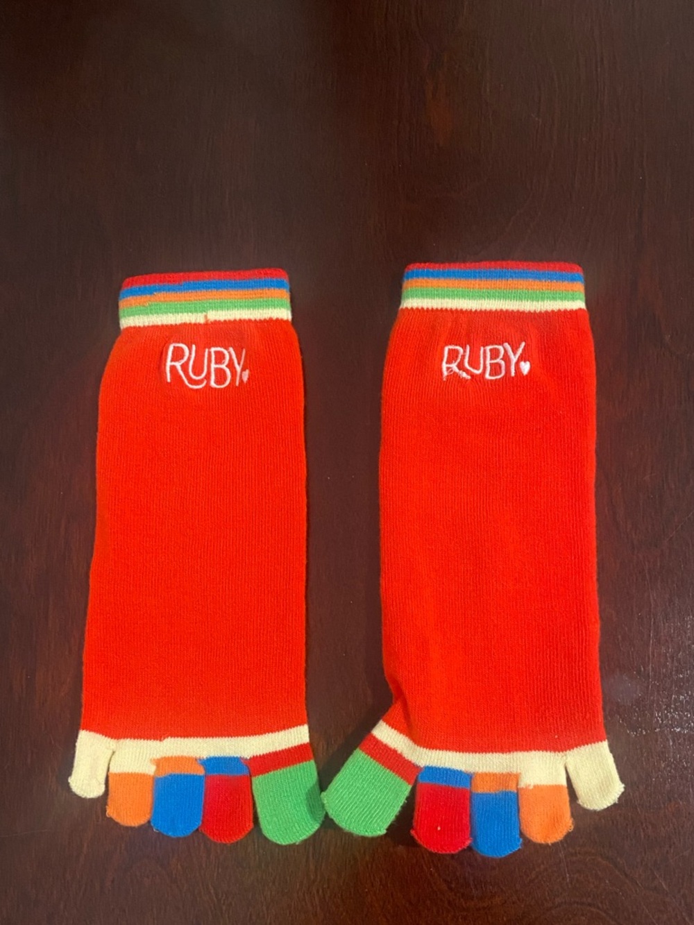 Bright Red Kids Toe Socks with Rainbow Cuffs